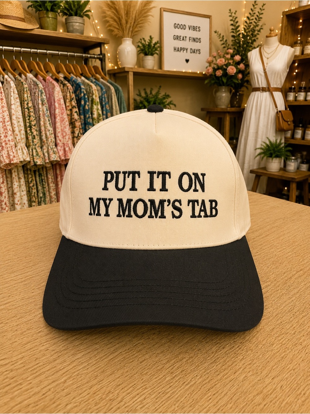 Boutique Put It On My Mom’s Tab Snapback Baseball Cap Black & Cream NWOT